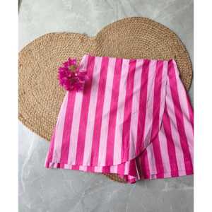 Pantalones Cortos Tipo Falda para Mujer, Talla XS, Color Rosa con Rayas, 100% Algodón, Transpirables, Cintura Elástica, Decoración con Cinturón, Corte Holgado, Bolsillo de 15 Pulgadas - Product Image 1