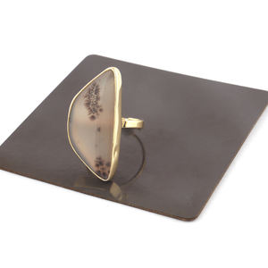 Bague cabochon en agate dendritique naturelle design personnalisé en laiton plaqué or 18 carats ouvert réglable pour cadeau de bijouterie de mariage et de fête - Product Image 4