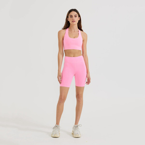 Conjunto de pantalones cortos personalizados de 2 piezas para mujer, ropa deportiva para hacer ejercicio, conjunto de pantalones cortos de motorista al por mayor, Sujetador deportivo de Top corto de yoga con cremallera - Product Image 1