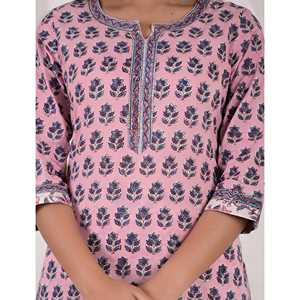 Conjunto de Kurta y Pantalón de Algodón con Estampado de Bloques Rosa, Estilo de Ropa Americana - Product Image 2