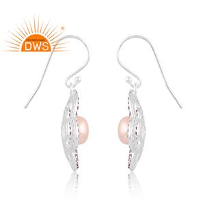 Excellent Quality Sterling <b>Silver</b> Natural Pearl & Amethyst Gemstone Floral Design <b>Dangle</b> <b>Earring</b> Custom Jewelry Manufacturer - Product Image 3