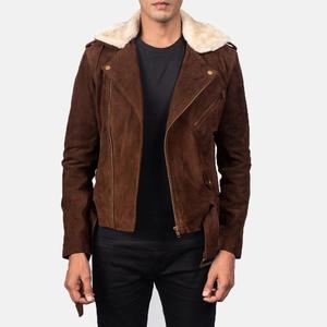 Blouson aviateur en daim marron pour homme avec col en peau de mouton, fermeture éclair et poches à rabat, coupe décontractée, idéal pour l'automne - Product Image 5