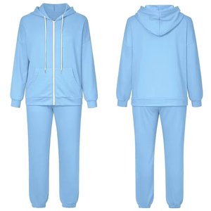 Premium personnalisé nouveau Design marque Logo 80% coton 20% polyester surdimensionné coupe décontractée sweat à capuche zippé bleu ciel survêtements pour femmes - Product Image 6