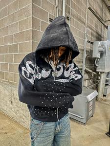 Sweat à capuche zippé 100% coton personnalisé en éponge française avec strass Crystal Sun Faded Zipper Hoodies pour hommes femmes - Product Image 2