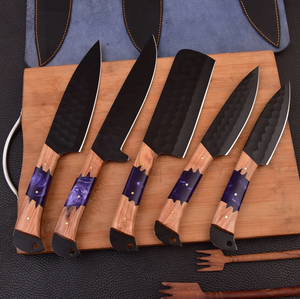 Ensemble de couteaux de chef SCL, acier carbone forgé à la main, revêtement noir en poudre, écologique, ambidextre, manche en bois et résine, passe au lave-vaisselle - Product Image 2