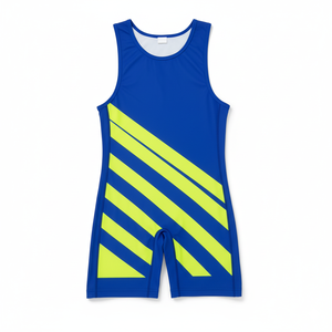 Combinaison de lutte personnalisée gris-bleu à rayures, séchage rapide, extensible, en spandex/polyester, respirante, uniforme de lutte compressif pour hommes - Product Image 2