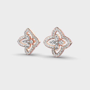 Boucles d'oreilles à clous en or rose 18 carats avec diamants floraux |   Conception en grappe à quatre pétales |   Fabricant de bijoux fins OEM en gros - Product Image 2