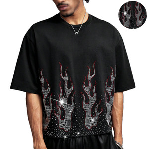 Y2K Trendy Men's shirts Rhinestone Customized Fires Design Oversized <b>T</b> Shirt Hip Hop Streetwear Heavy Cotton Black Graphic Tee - Product Image 1