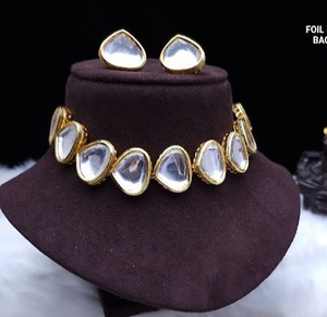 Trendy Kundan Necklace and Stud Earring Set for Wedding Party Engagement & Anniversary-<b>Brass</b> Jewelry Tear Drop Glass <b>Jewellery</b> - Product Image 1