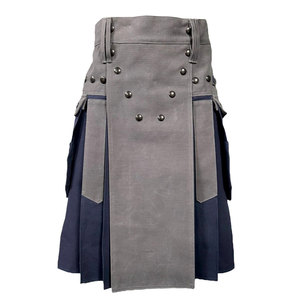 Kilt Utilitario de Mezclilla Resistente en Dos Tonos Gris y Azul Marino para Hombre, con Bolsillos Tipo Cargo, Cierre de Presión y Lazos - Product Image 1