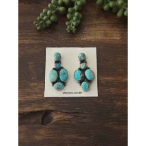 Navajo Kingman Turquoise Sterling Silver Drop <b>Earrings</b> <b>Post</b> Dangle Cluster Design Geometric Pattern Gold Plating Pearl Main - Product Image 1