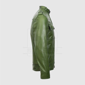 Chaqueta de Invierno para Hombre, Verde Oliva, de Cuero Genuino, Impermeable, Transpirable, Cortavientos, con Cuello Alto, Cierre de Cremallera, Estilo Motero, con Epaulettes - Product Image 5