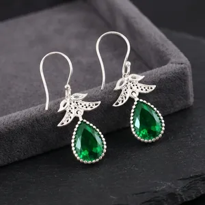 Women’s 925 Sterling Silver Bohemian Drop Earrings Geometric Pattern Green <b>Emerald</b> Bezel <b>Set</b> Handmade Dangle Earrings - Product Image 2