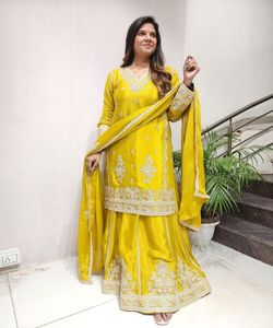 Vestido Sharara de terciopelo inspirado en Bollywood con bordados elaborados y detalles de cristal para un toque de glamour. - Product Image 2