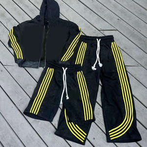 Custom Men <b>Oversized</b> Striped Crop Boxy Cotton Heavyweight Acid Wash Stacked Zip up <b>Sweatpants</b> and Hoodie Set Baggy Tracksuits - Product Image 2