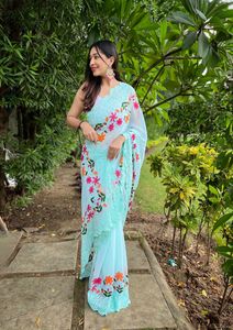 Diseñador Georgette Saree con hilo y viscosa Trabajo Borde Boda y fiesta Desgaste Sedoso Bollywood Saree - Product Image 2