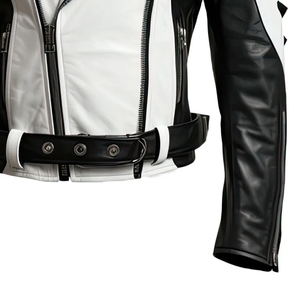 เสื้อแจ็คเก็ตมอเตอร์ไซค์หนังสีน้ำเงิน ขาว ดำ สำหรับผู้ชาย แบบ Color Block สไตล์ Biker Racing ขายส่ง พร้อมซิป เข็มขัด และตกแต่งหมุดโลหะ - Product Image 3