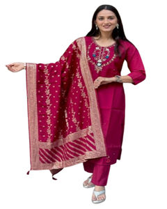 Conjunto Kurti de 3 piezas para mujer romana, Ropa Étnica de fiesta de estilo Vintage con bordado de seda viscosa, incluye pantalón Kurta y Dupatta - Product Image 1