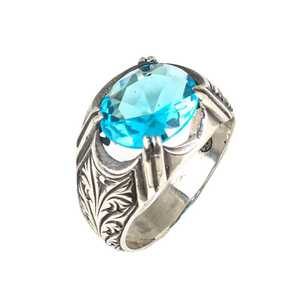 925 Sterling Silver Men's <b>Ring</b> Oval Cut Aquamarine Stone Rhodium Plated Gemstone <b>Ring</b> for Everyday Wear Fine Jewelry IGI - Product Image 1