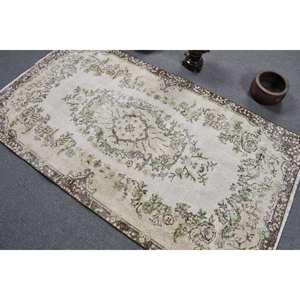 Tapis turc vintage 3.7 x 6.7ft fait à la main grande surface en laine Rectangle Patchwork Design pour couloir blanc Beige couleur latex soutenu - Product Image 4