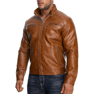 Veste de moto en cuir Manteau d'extérieur avec poches zippées Veste en cuir à col montant pour hommes Faux décontracté - Product Image 3