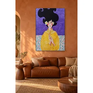 Fida, femme en robe jaune avec des marguerites sur fond violet à pois, impression sur toile - Product Image 4