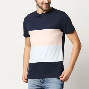 T-shirt à manches courtes pour homme, col rond, coupe classique, design rayé, tricoté, décontracté, bicolore - Product Image 1