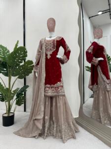 Buscando este hermoso traje de diseñador del mismo color en tela de imitación Georgette con interior y codificación y trabajo de secuencia con perla - Product Image 2