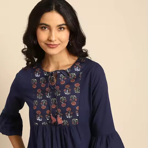 Nuevo Kurtis de Diseñador para Mujer, Estampado Floral Azul, Manga Larga, Elegante, con Encaje, Hasta la Rodilla, de Algodón Puro, Ramas, Primavera Verano, Lavable - Product Image 1