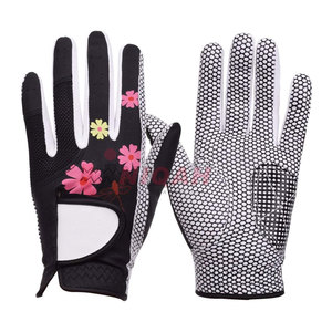 Gants de golf en cuir imprimés de fleurs pour femmes-Construction en similicuir et polyester respirant en noir - Product Image 1