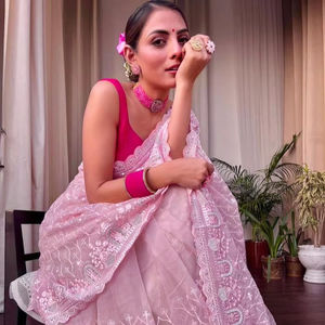 Nueva llegada ahora en Organza Saree Kanchipuram Organza Jacquard Multi bordado Sari completamente trabajado con seda cruda Squence trabajo - Product Image 1