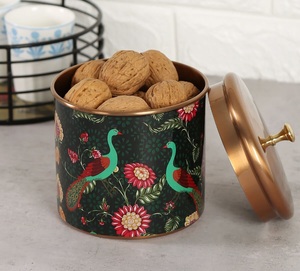 Personalized Steel Small Cylindrical Cookies <b>Jar</b> Container with Enameled Peacock Design for Storing and <b>Airtight</b> Snacks. - Product Image 4