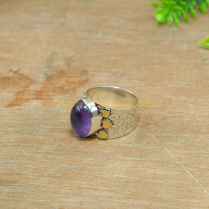Bague en améthyste naturelle, argent sterling 925 massif avec anneau en laiton, bague statement, bague de promesse, grande bague pour elle, bijoux en améthyste - Product Image 6