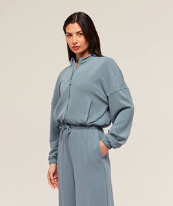 Wholesale Iron Blue Women's 2 Piece Waffle Midi <b>Zip</b> <b>Up</b> Tracksuit Set <b>Hoodie</b> & Sweatpants <b>Cropped</b> 2 Piece Women's Sweat Suit Set - Product Image 3