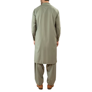 Elegante Conjunto Kurta y Shalwar Verde Oliva para Hombre con Mangas Largas, Cuello Mao y Tapeta de Botones, Estilo Tradicional Pakistaní Indio - Product Image 6