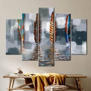 Toile élégante et moderne à imprimé plumes, décoration artistique contemporaine abstraite, lot de 5 pièces : Gallery Wrap - Product Image 1