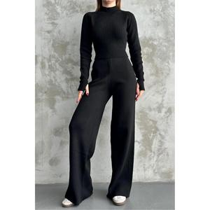 Maglione corto e pantaloni da donna a mezza maglia a collo alto - Product Image 3