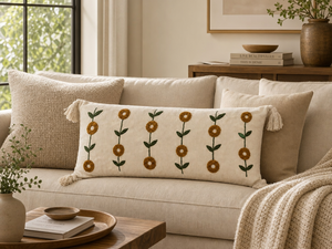 Boho <b>Mustard</b> Floral Embroidered Cotton Lumbar Cushion Cover Artisan Long <b>Throw</b> Pillow Sham with Corner Tassels for Bedding Decor - Product Image 5