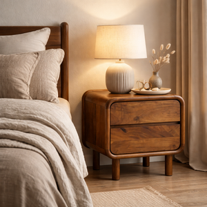 Table de chevet en bois massif GAIA |   AKKU ART EXPORTS Meubles de chambre à coucher Japandi Mid-Century Modern |   Table de chevet organique à 2 tiroirs - Product Image 5