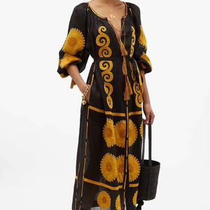 Maxivestidos personalizados con estampado floral, ropa informal elegante con cuello redondo para mujer, vestido largo bohemio de manga larga y cintura alta para playa - Product Image 1