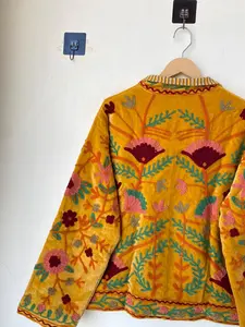 Handmade Cotton Suzani Coat with Embroidered Techniques Breathable Boho <b>Quilted</b> Jacket Indian Embroidery Jacket - Product Image 2