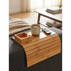 Bamboo <b>Foldable</b> Sofa Side Tray Organizer-<b>Wooden</b> Couch Arm <b>Table</b> with Cup and Remote Holder - Product Image 4
