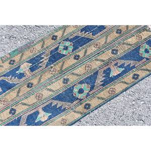 Tapis en laine fait main classique bleu Beige 1.6x3,2 pieds Design patchwork turc pour salon ou chambre à coucher avec support en latex - Product Image 5
