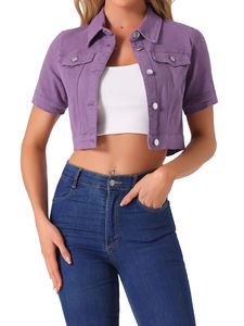 Veste légère ajustée extensible avec poches vêtements de mode vestes pour femmes recadrée pour femmes mode courte Denim - Product Image 1