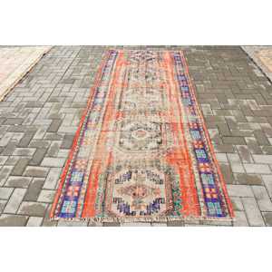 Vintage Turkish Rug 4x9.1 ft (121x276 cm), <b>Red</b> Bordered <b>Wool</b> Rug - Product Image 1
