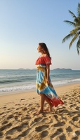 Robe de plage midi florale vibrante avec col en V, taille naturelle, colorée, style bohème estival, écologique, 100 % coton, lavable