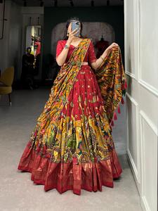 Lehenga choli & dupatta ไหมทัสซาร์พิมพ์ลายกาลัมคาริพร้อมฟอยล์ทำงานส่งออกอินเดีย - Product Image 5