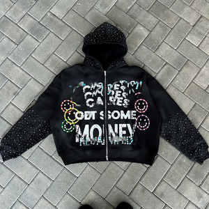 Venta al por mayor personalizado Zip up Pullover Impreso Sharp Hood Hoodie Rhinestone Acid Washed Color Hoodie Full Rhinestones Hoodie - Product Image 3