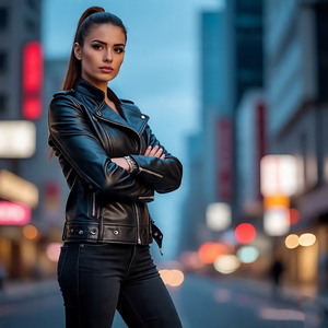 Chaquetas con cremallera de cuero genuino de ajuste regular para mujer al por mayor | Chaqueta de cuero de motocicleta con cuello levantado para exteriores para mujer - Product Image 1