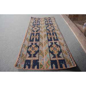 Vintage Turkish Rug Classic Blue Orange 1.6x3.8ft Handmade Wool Puzzle Patchwork Design for Entryway Rectangular Hallway Latex - Product Image 2